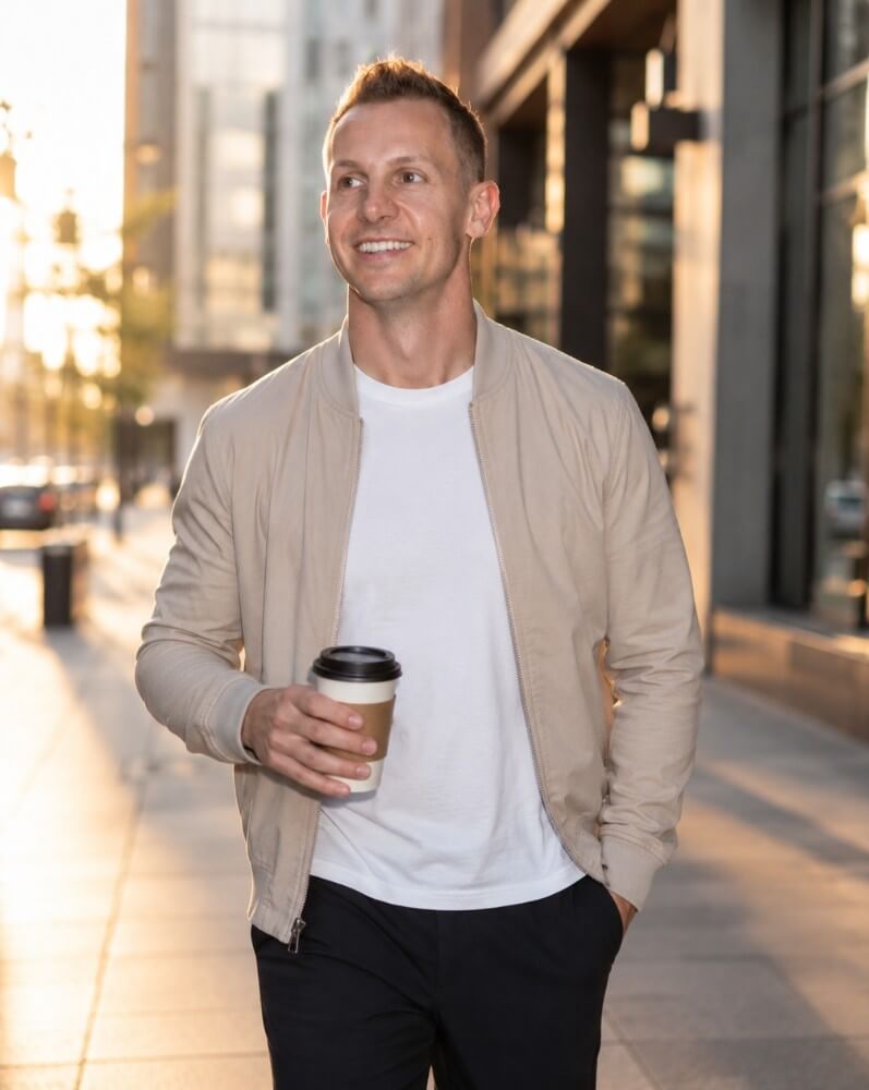 Mark Nicholson walking through the city